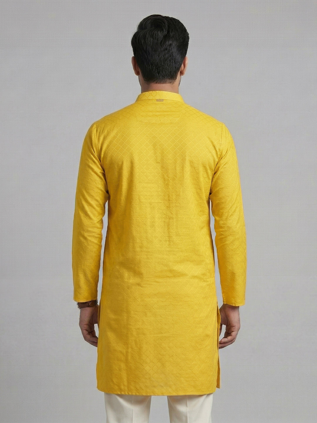 Cotton Medium Length Self Design Pocket Kurta Yellow D4