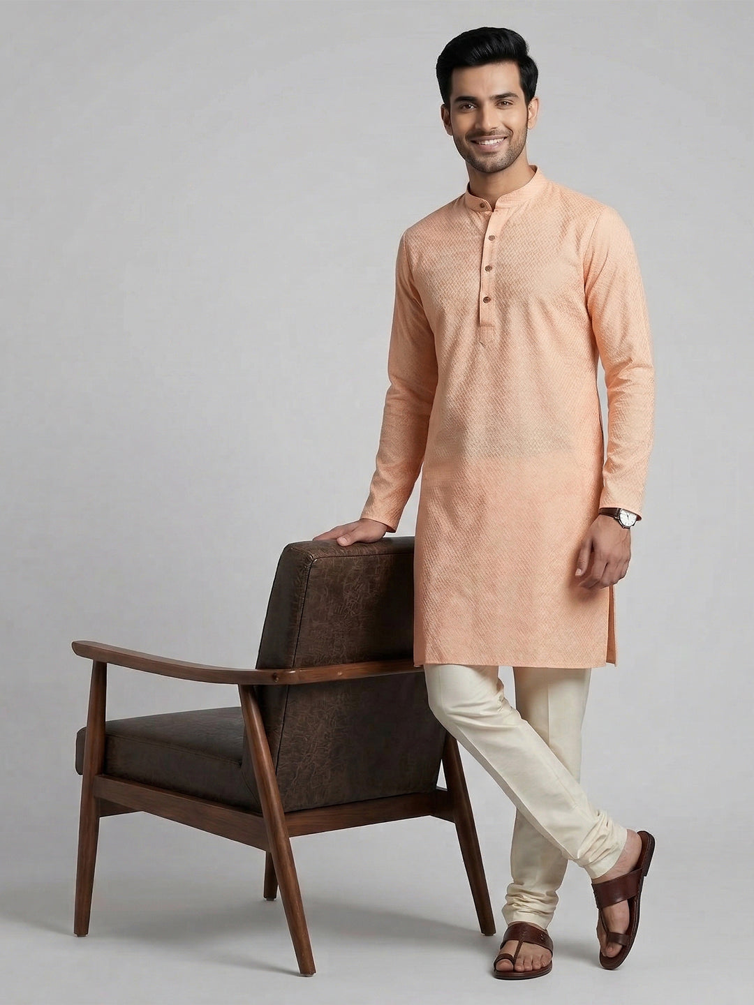 Men Cotton Medium Length Printed Pocket Kurta Peach MHJ5