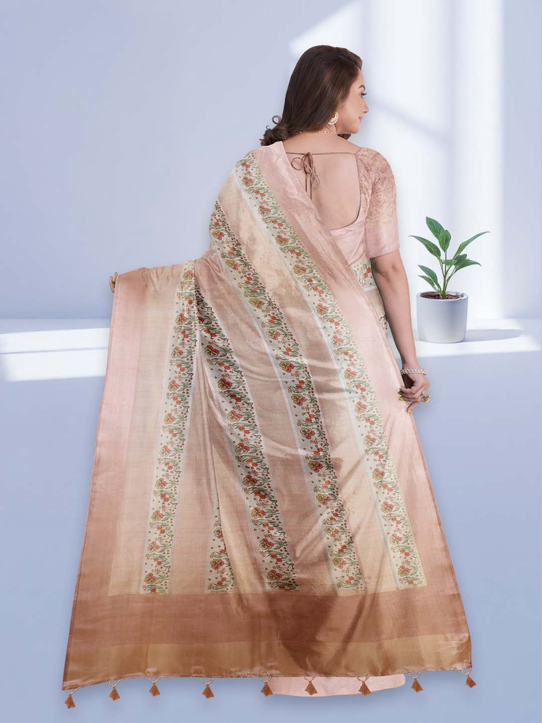 Women Peach Semi Tussar Printed Saree ST282
