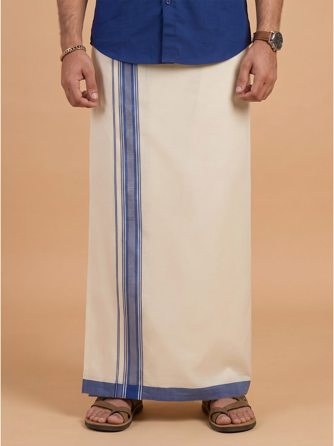 Double Layer 100% Cotton Cream Kora Dhoti with Colour Border - BJM02