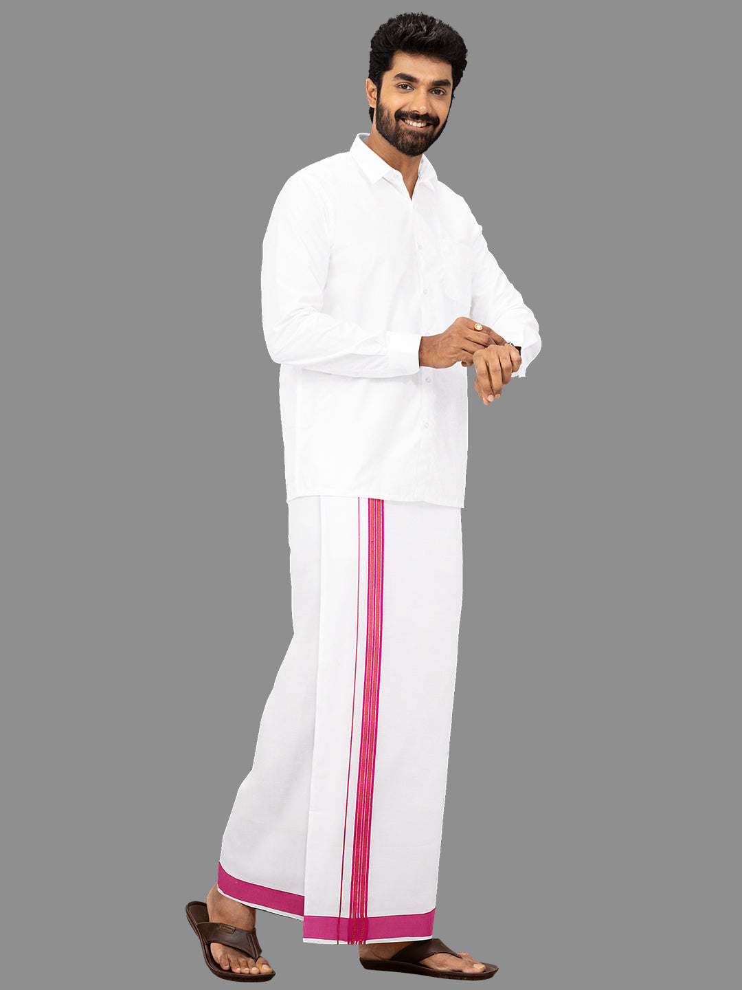 Men White with Pink Fancy Jari Border Single Layer Dhoti YGF04