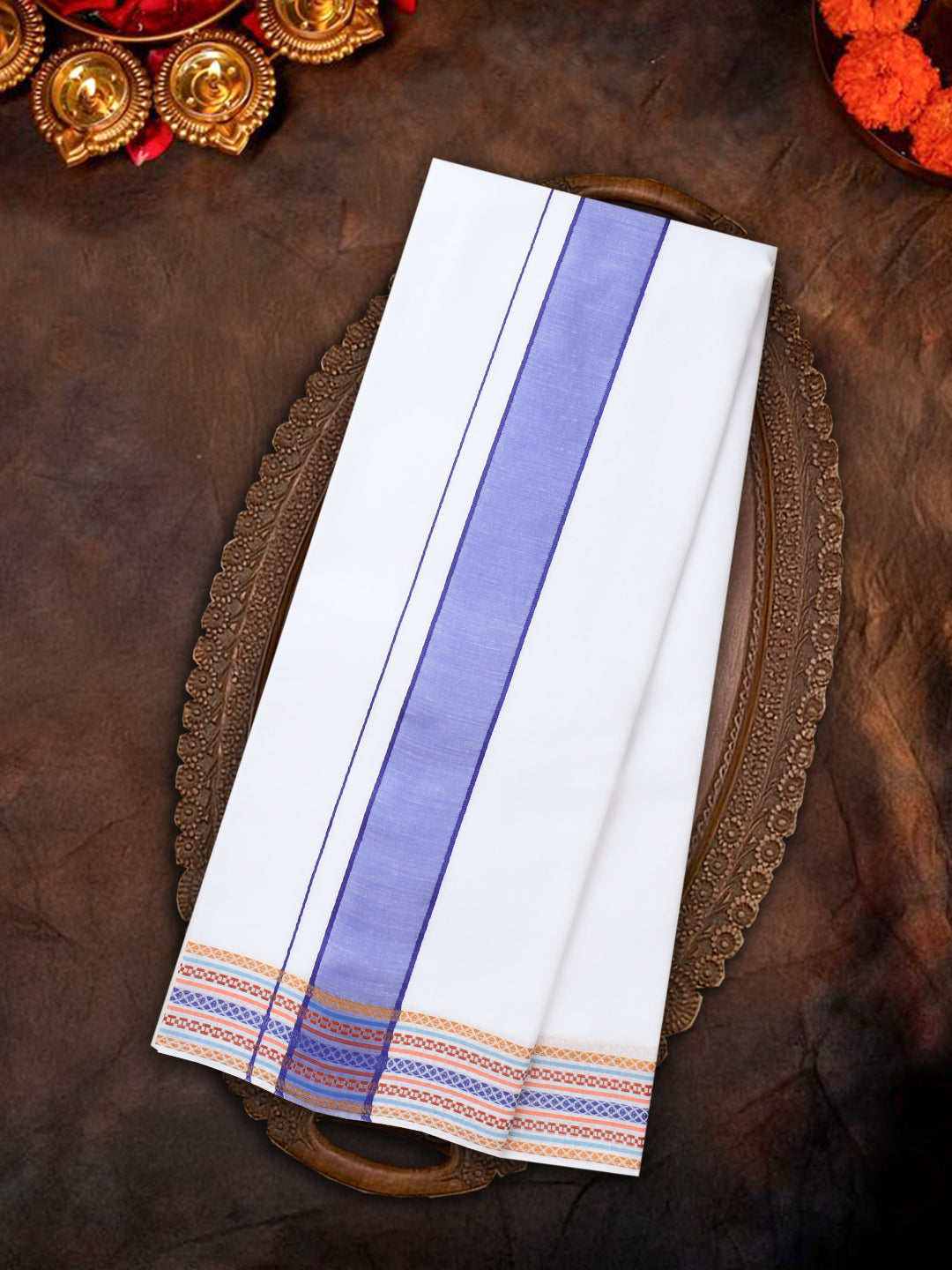 Men Cotton Navy Fancy Border Panchakacham with Angavasthram Srirasthu(9+5) SR49