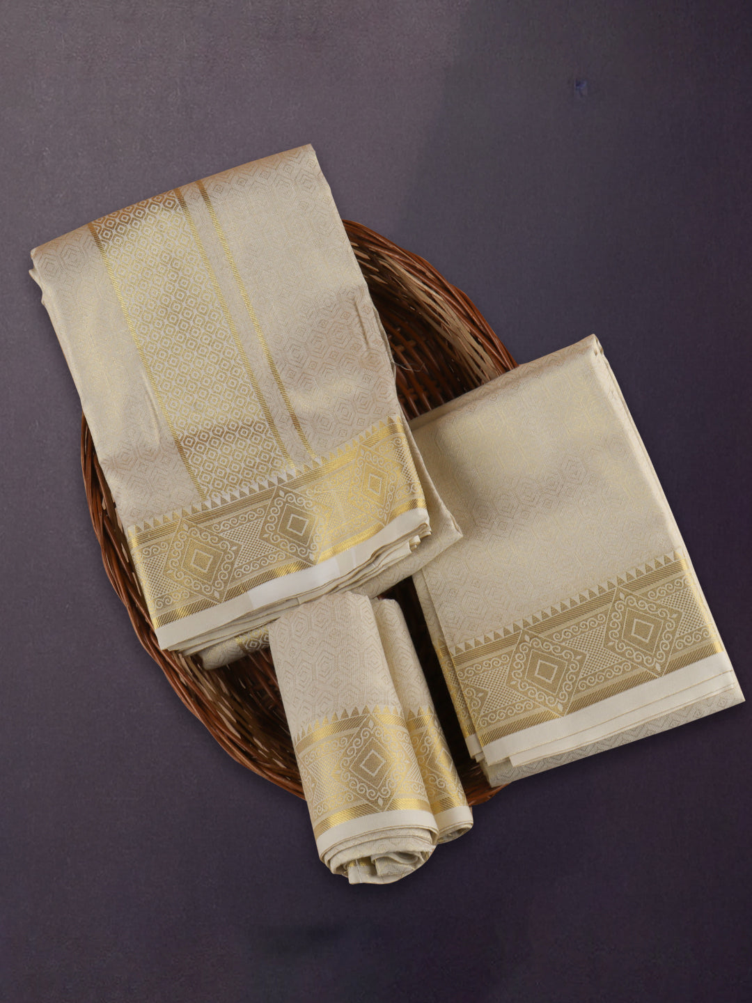 Men Tissue Dhoti Shirting & Towel Set Cream Golden Glory GG04