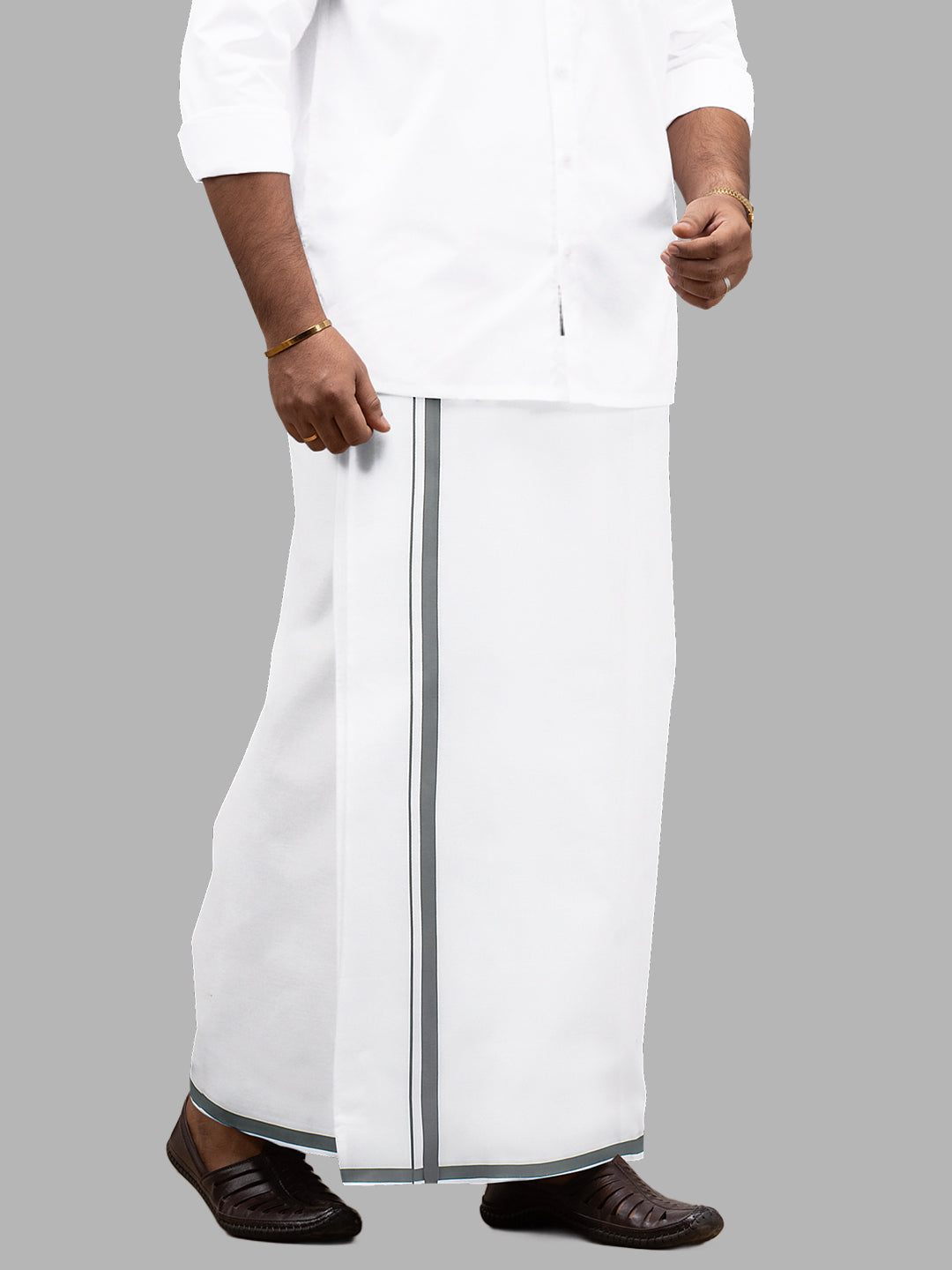 Men White with Grey Big Border Single Layer Dhoti Bramosh