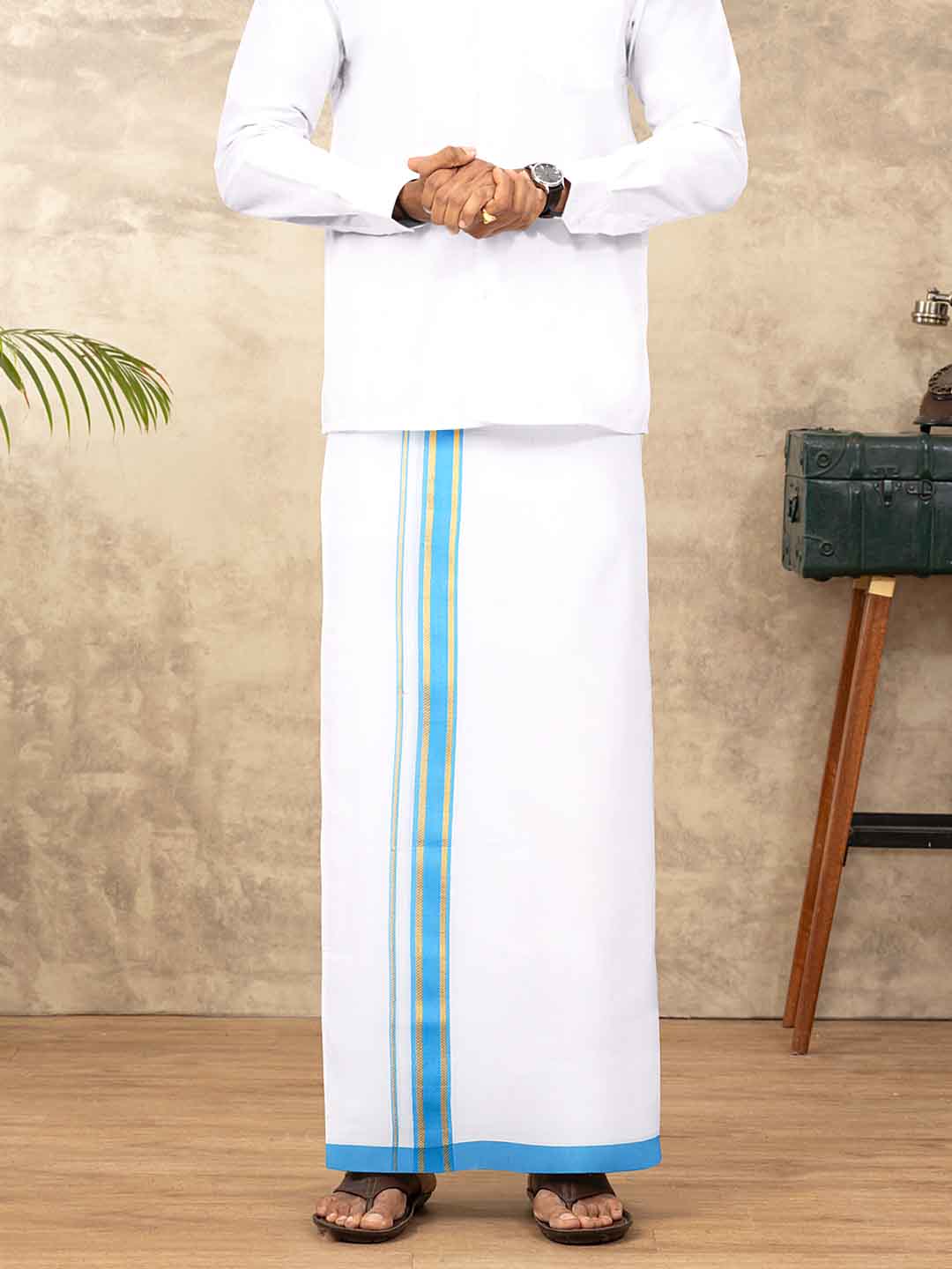 Men Cotton Blend Double Layer White Dhoti with Fancy Jari Border TGJF01