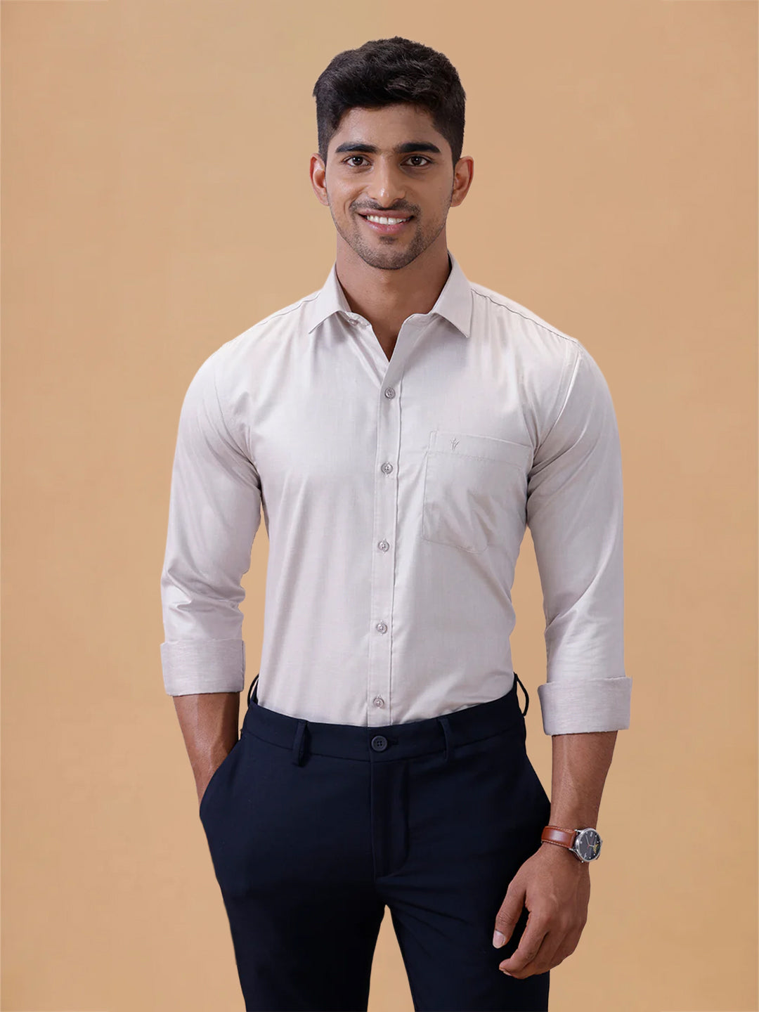 Cotton Rich LT Beige Grey Regular Fit Shirt T61 AKT5