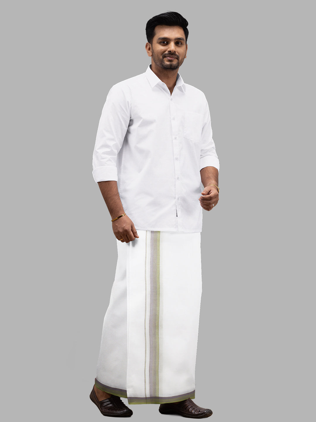 Men Green Fancy Border Double Layer White Dhoti RVS04