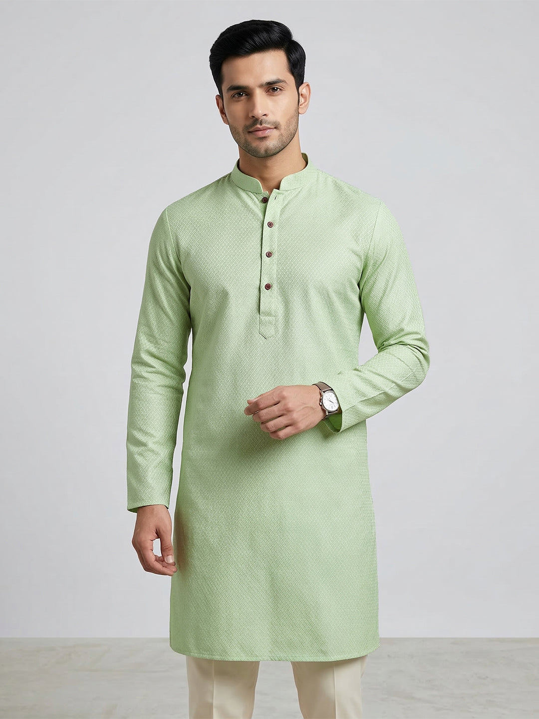 Men Cotton Medium Length Printed Pocket Kurta Mint Green MHJ4