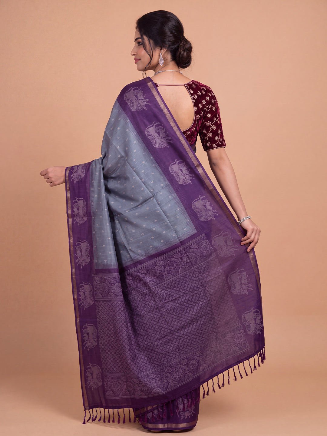Women Semi Raw Silk Greyish Blue with Violet Fancy Printed Saree SRS129
