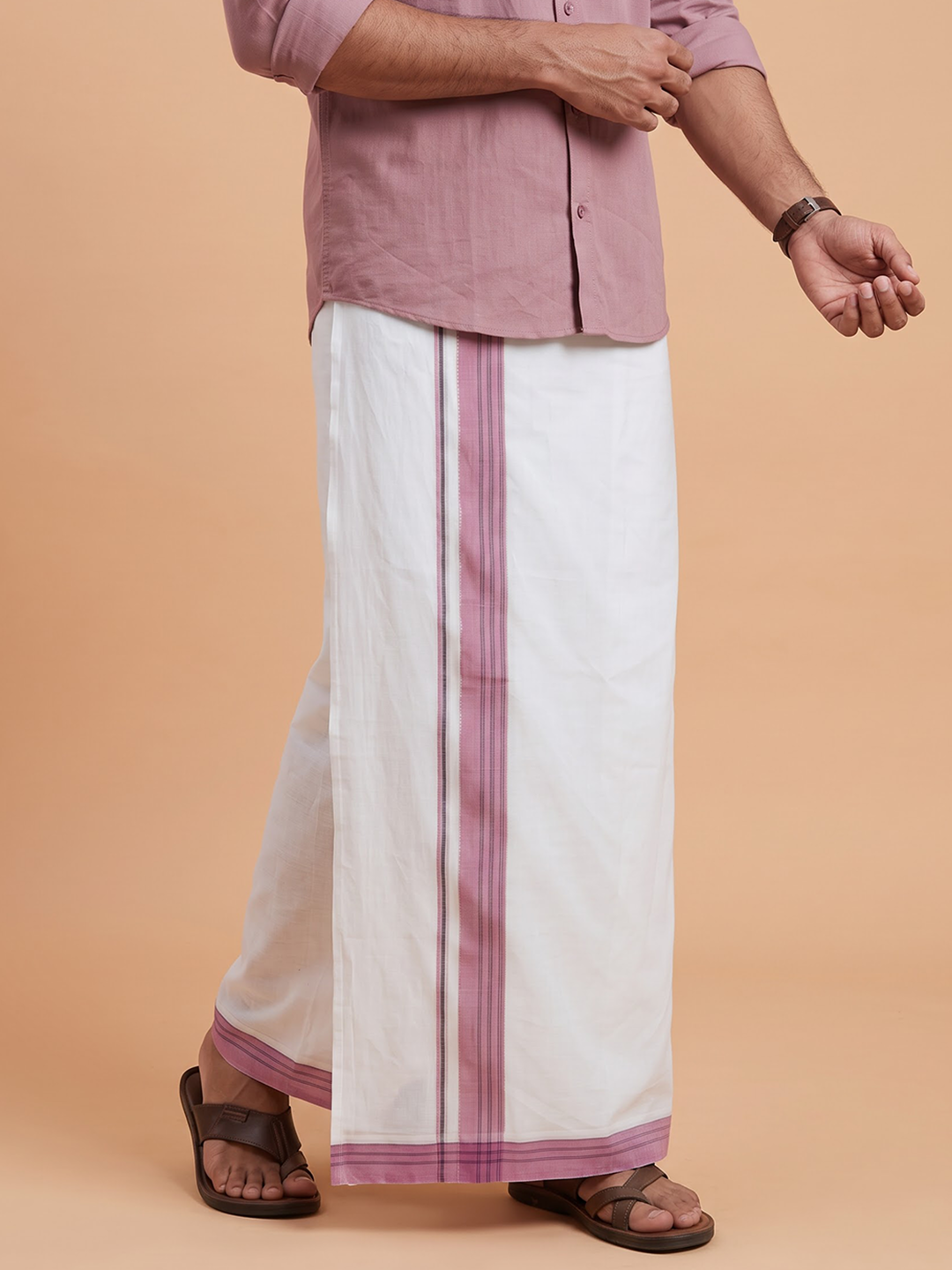 Double Layer 100% Cotton White Dhoti With Colour Jari Border - EJF34