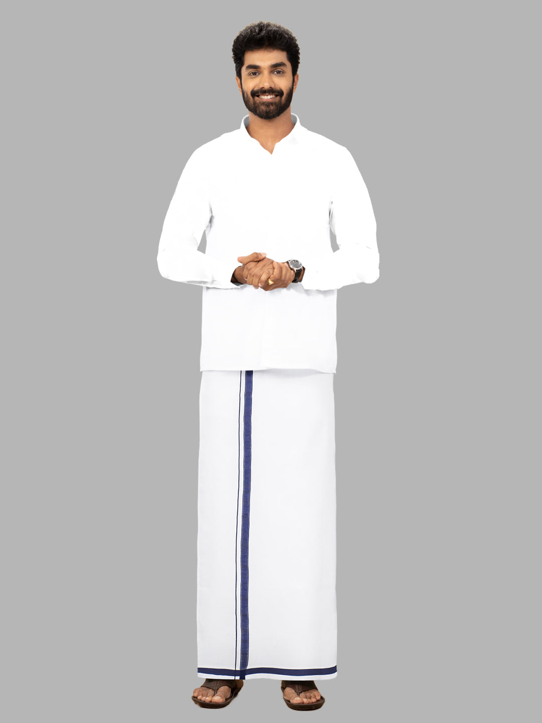 Men Navy Fancy Border Single Layer White Dhoti PF03