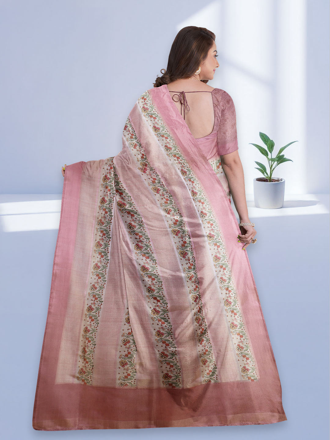 Women Pink Semi Tussar Printed Saree ST284