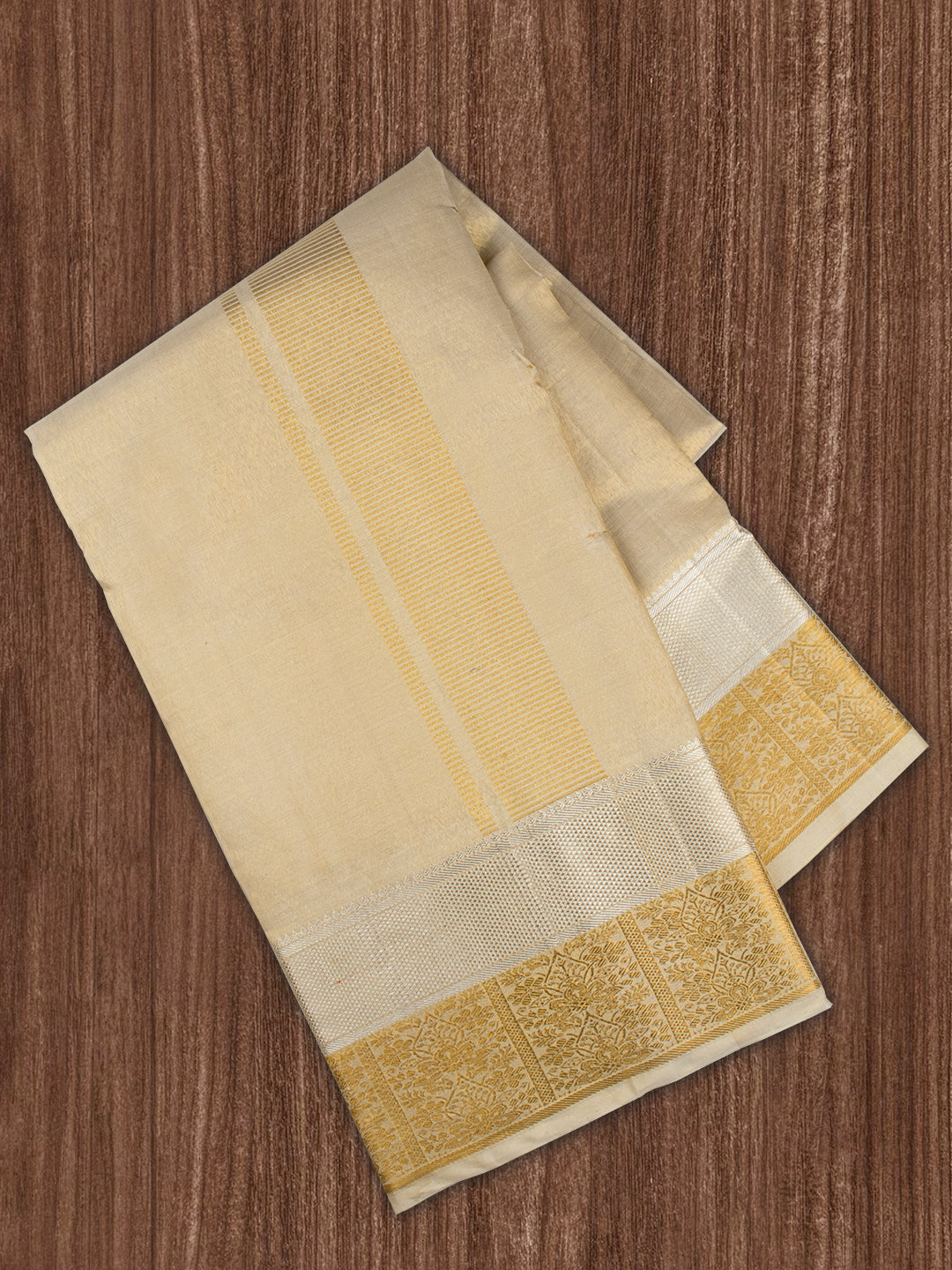 Men Premium Pure Silk Tissue Dhoti & Towel Set with 4 1/2" inch Jari Border Amirtham