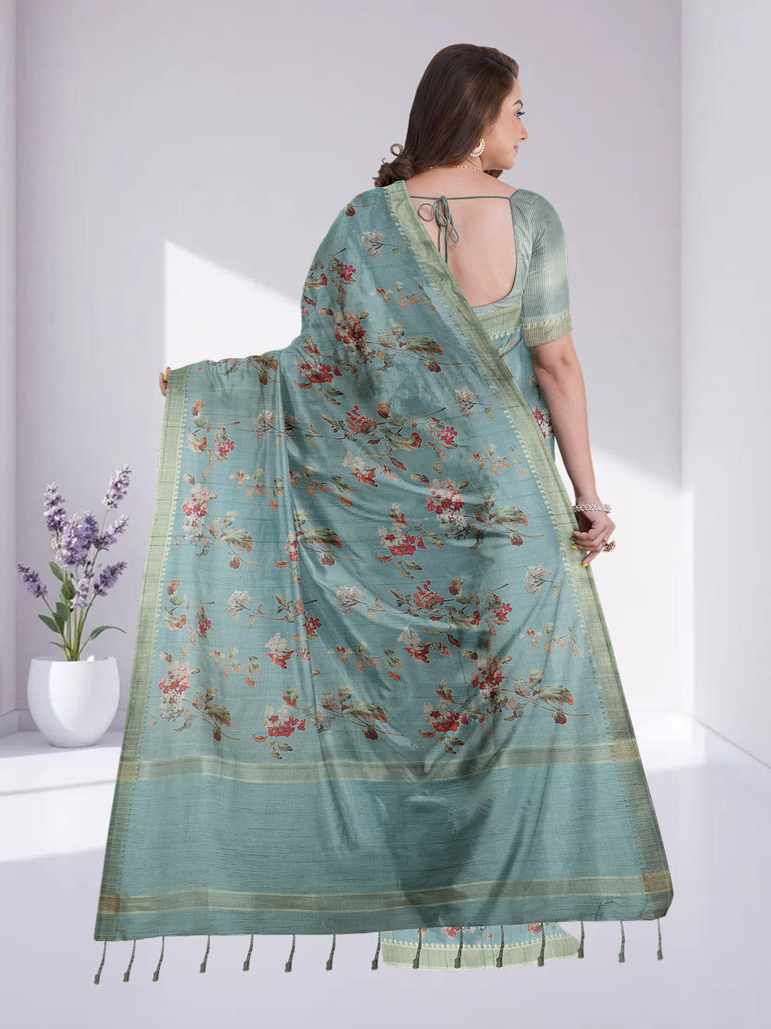 Women Mint Green Semi Raw Silk Printed Saree SRS106
