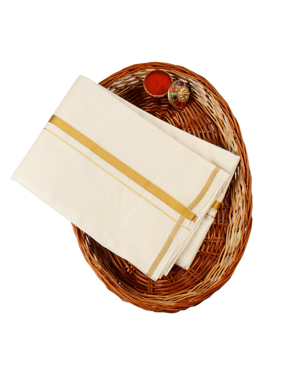 Mens Premium Handloom Cream Dhoti with Gold Jari Small Border 115701-View one