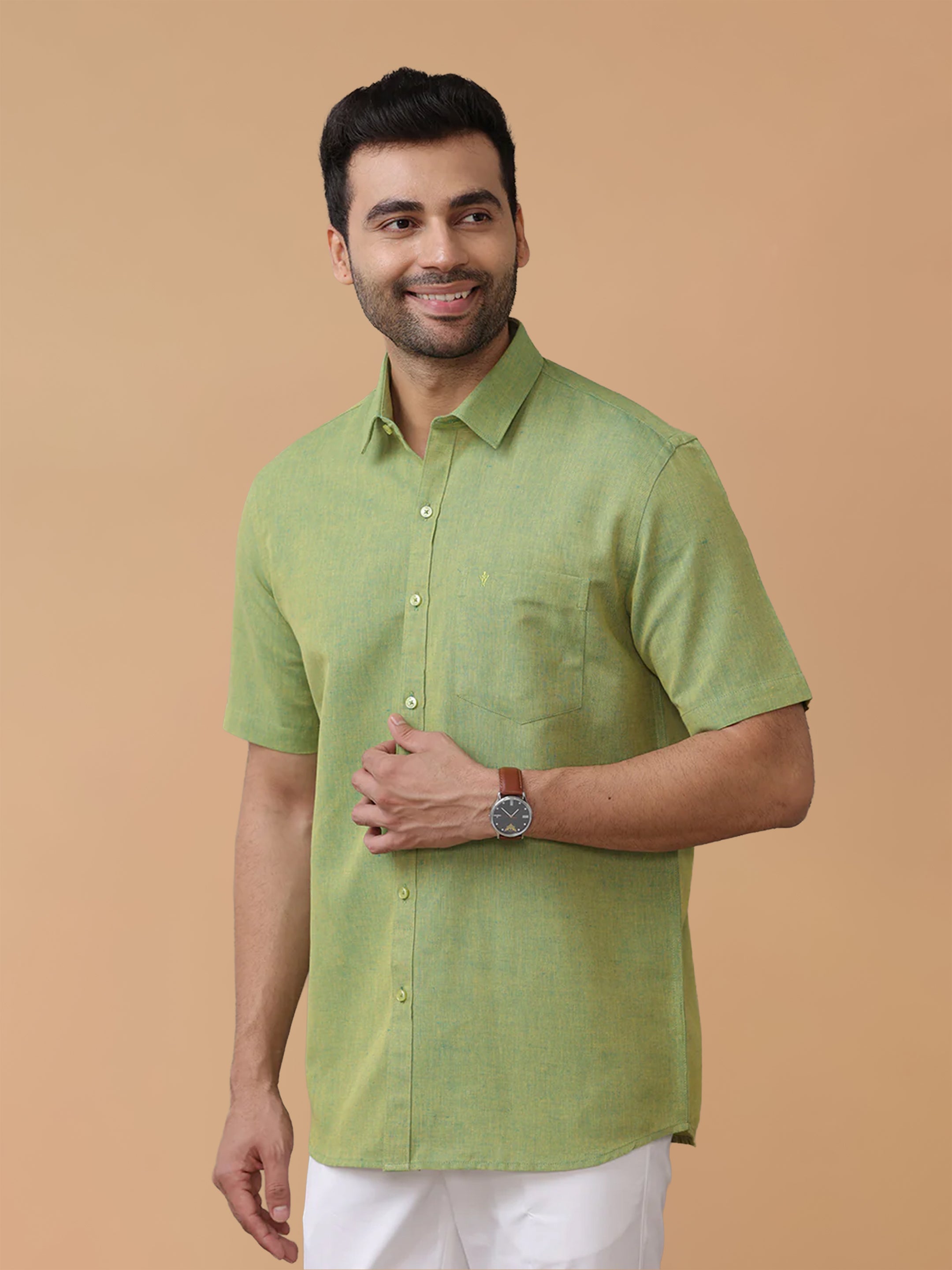 Linen Cotton Yellowish Green Regular Fit Shirt LF9