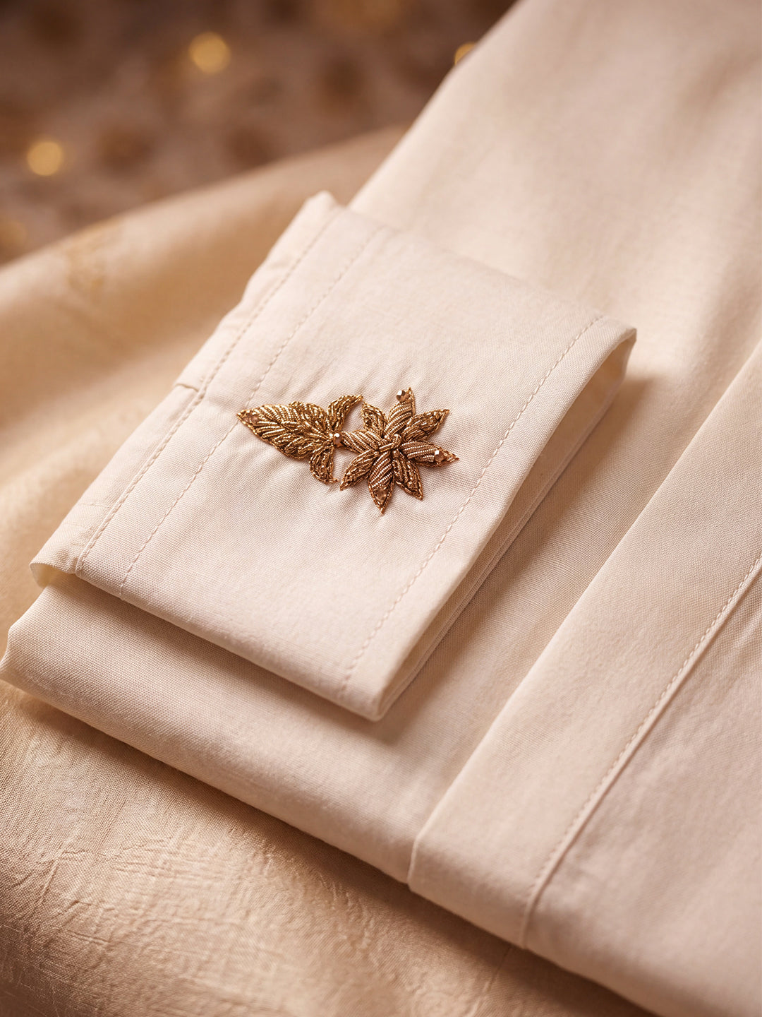 Premium Pure Tussar Silk Butterfly Hand Embroidered Customized Shirt & Dhoti Set with Zari Dozi Work on Collar & Cuffs | Vyoma Vaibhavam