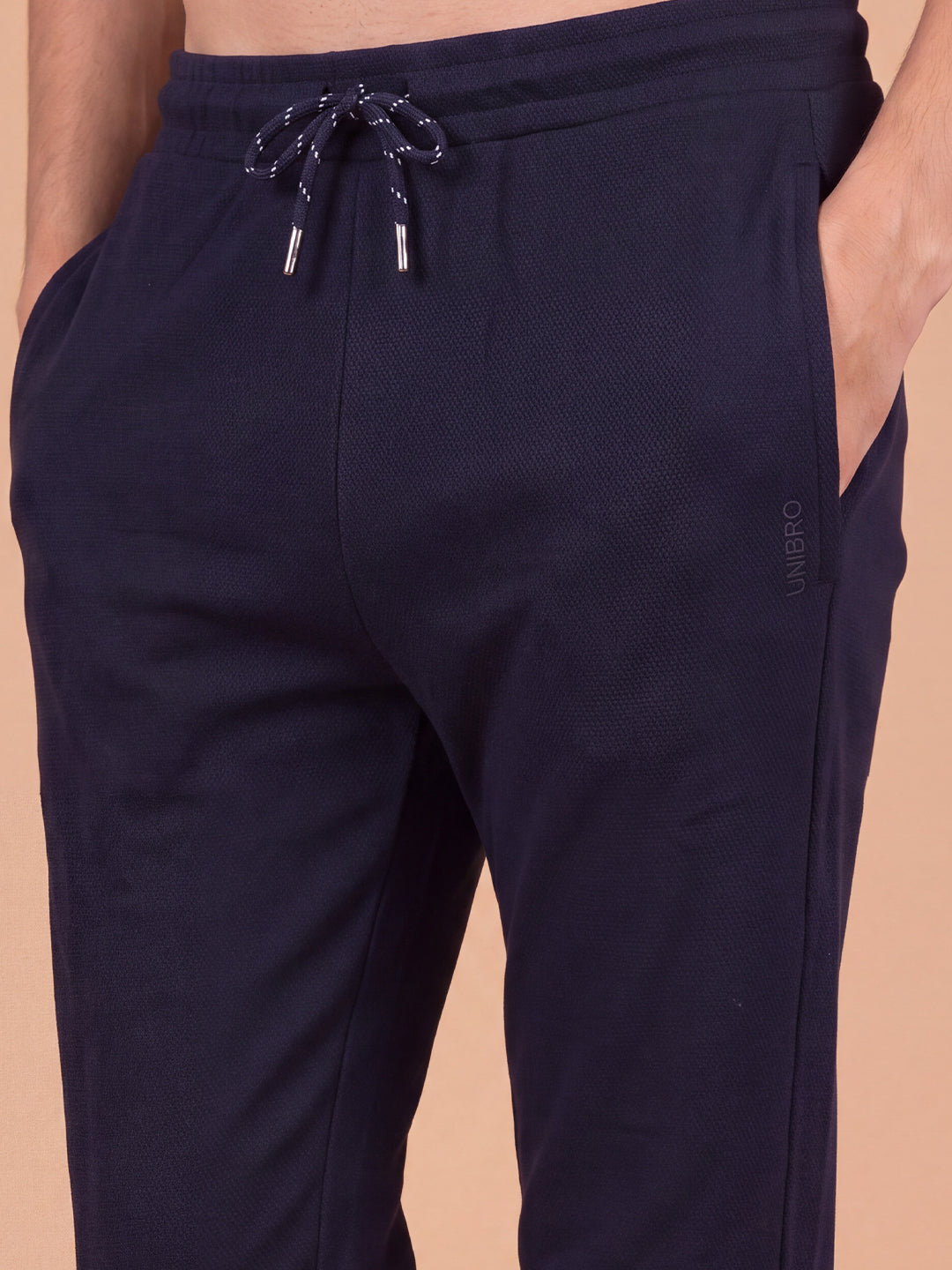 Cotton Rich Popcorn Structured Fabric Navy Track Pants PTK1