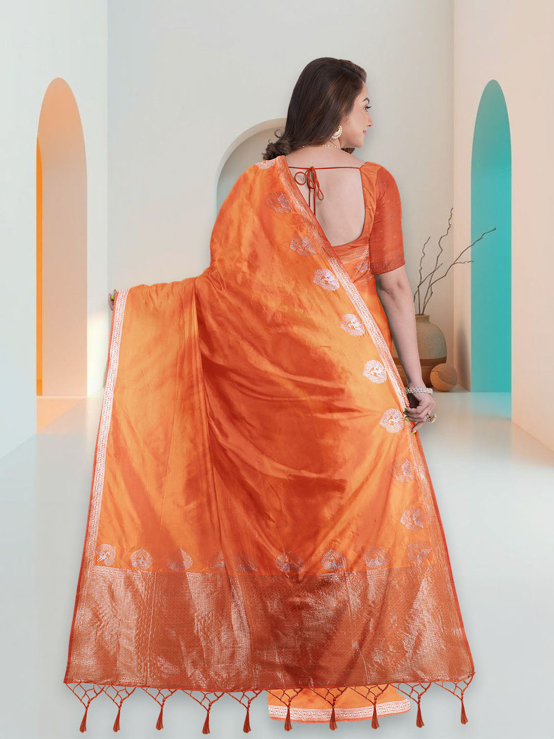 Women Orange Art Silk Printed Saree ASS93