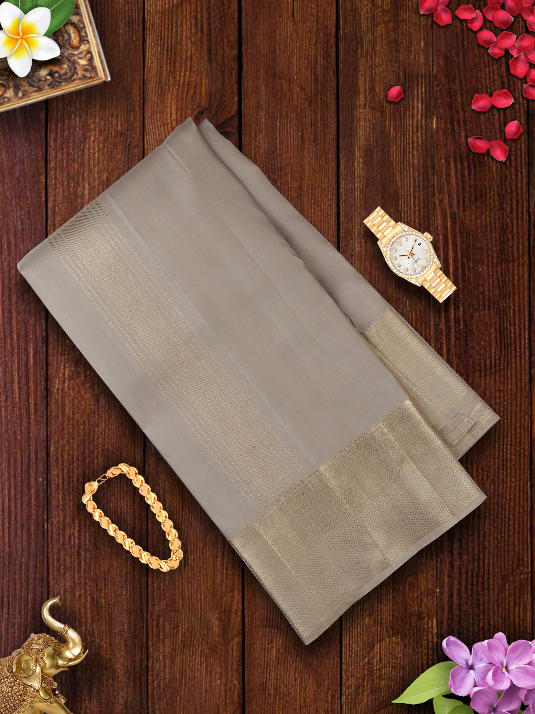 Mens Pure Silk Grey 4 1/2" Fawn Gold Jari Border Dhoti With Towel Amirtham-View two