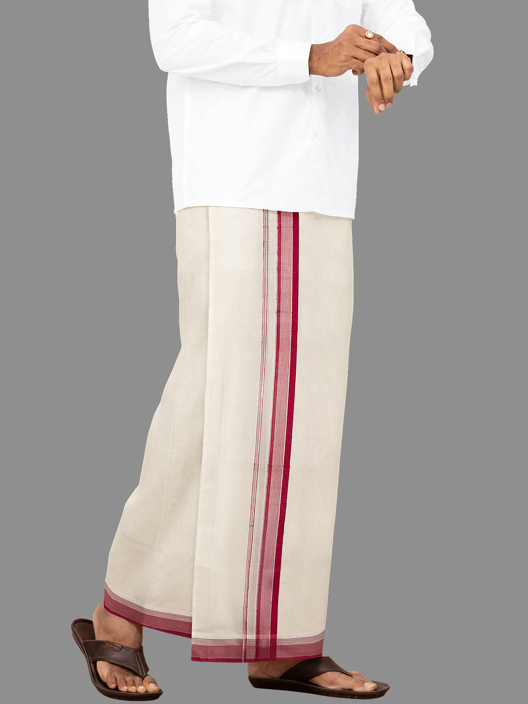 Men Maroon Fancy Jari Border Kora Double Dhoti Harmony Fancy