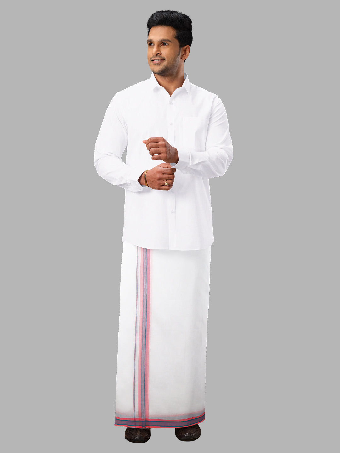 Men Pink Fancy Border Double Layer White Dhoti RVS05