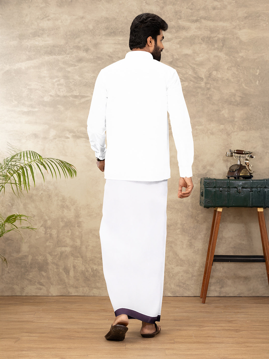 Men 100% Cotton Double Layer White Dhoti with Fancy Jari Border RGF03