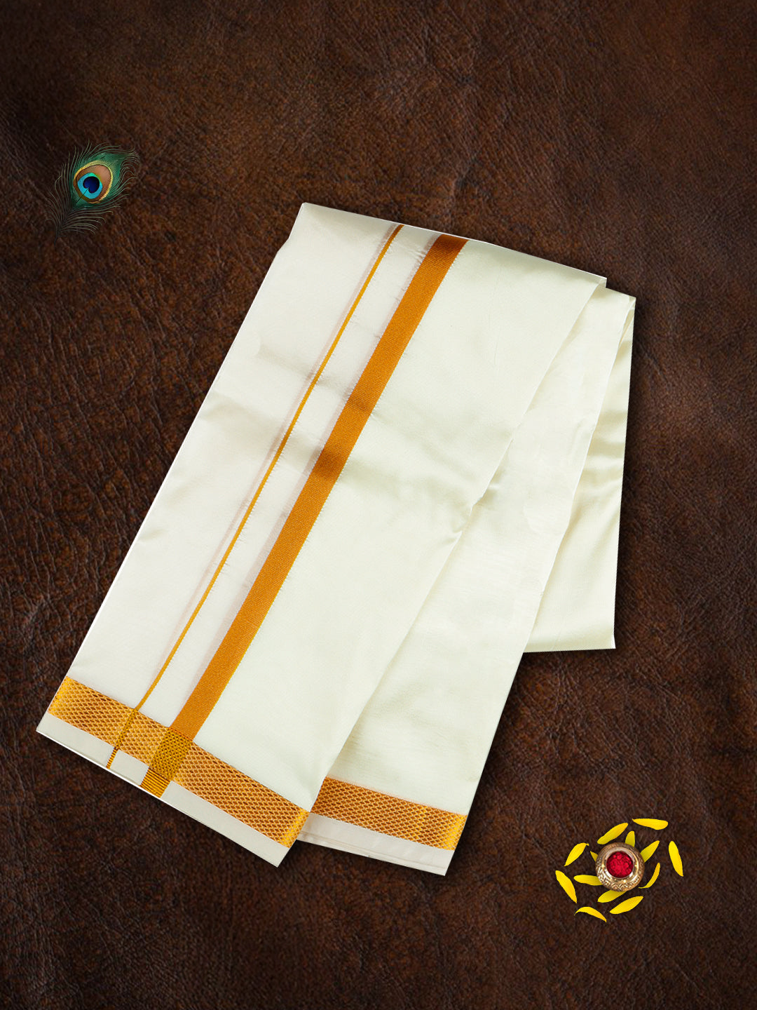 Men Cream with 3/4'' Inch Gold Jari Border Double Layer Dhoti & Towel Set Iswaryam