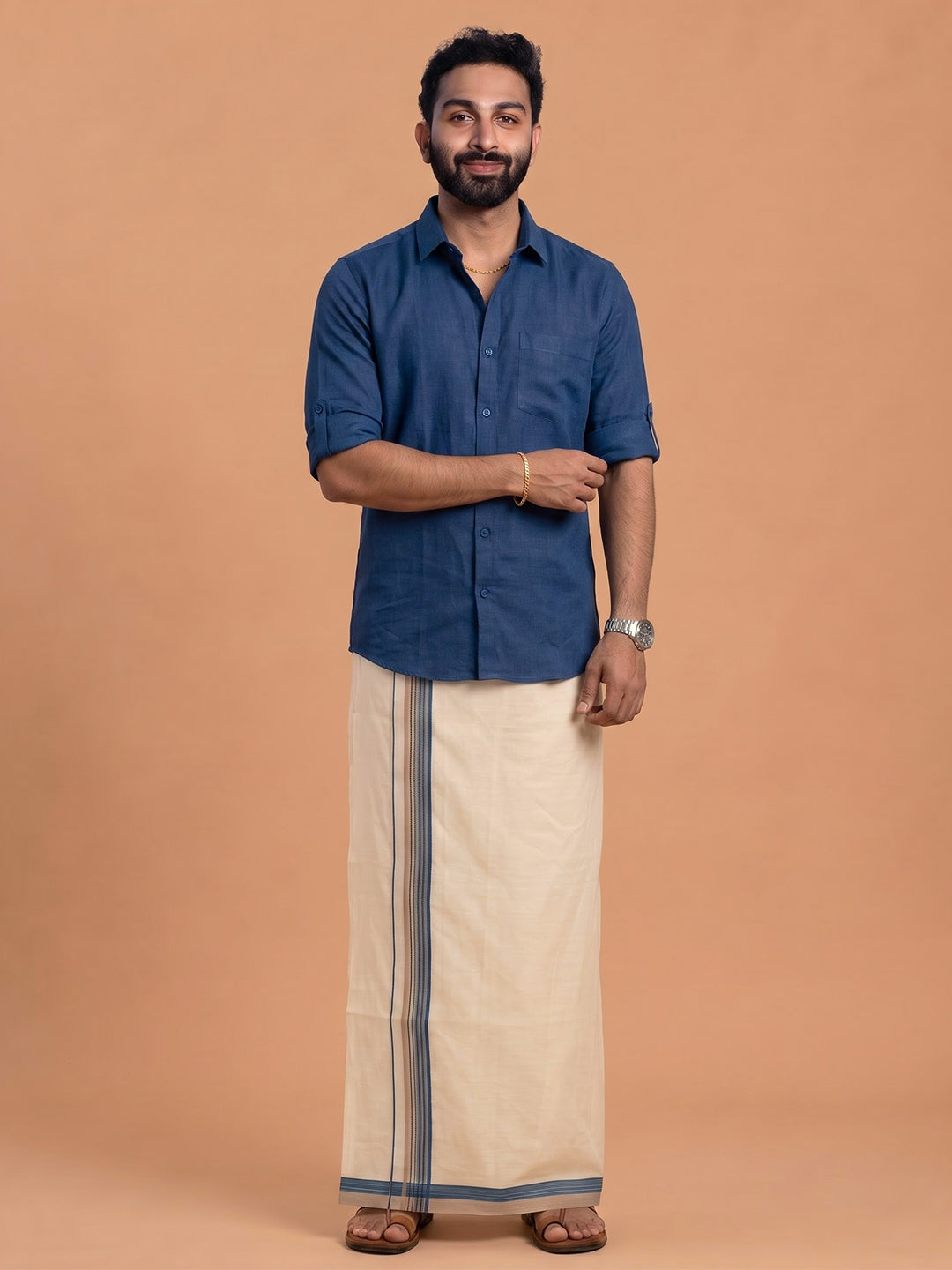 Double Layer Giza Cotton Cream Kora Dhoti with Colour Border - PKF02