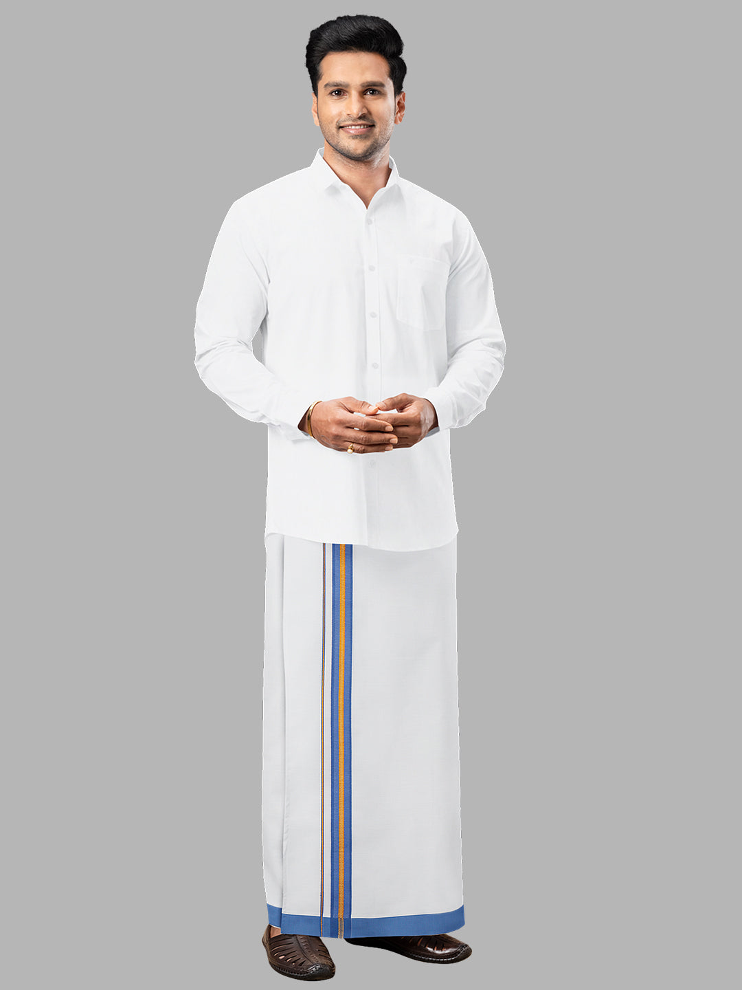 Men Blue Adjustable Pocket Dhoti with Fancy Border GACJ10