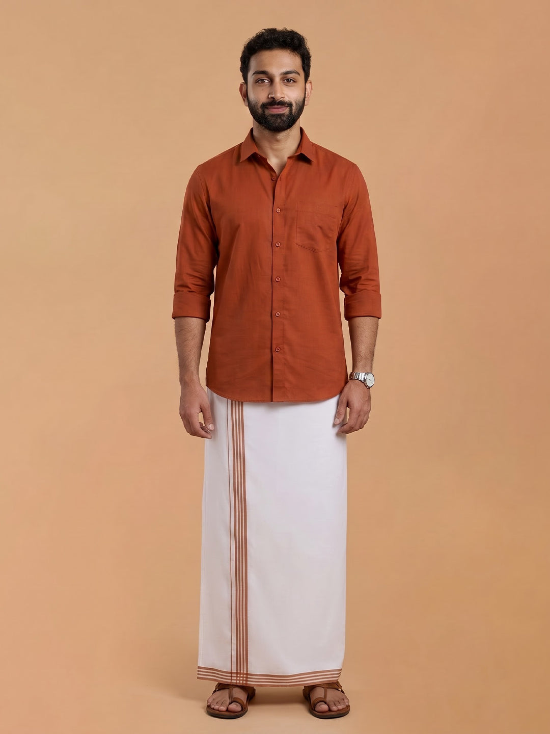Double Layer 100% Cotton White Dhoti with Colour Border - PJF07
