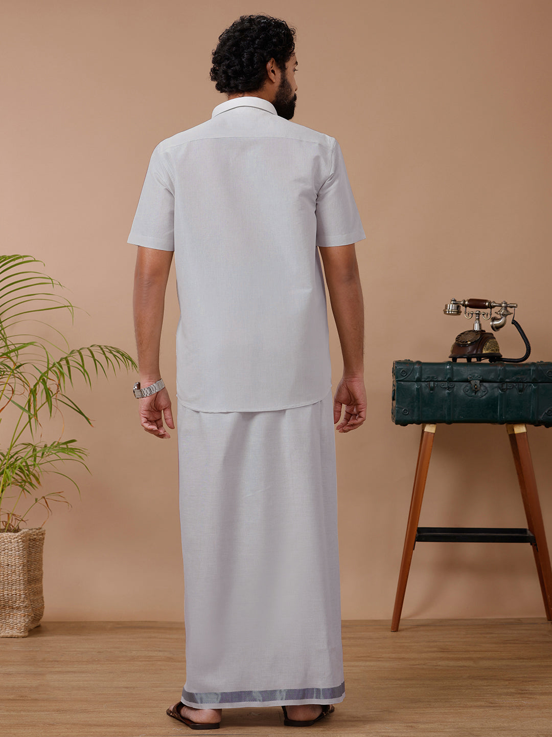 Mens Tissue Dhoti & Half Sleeves Shirt Set Licorice