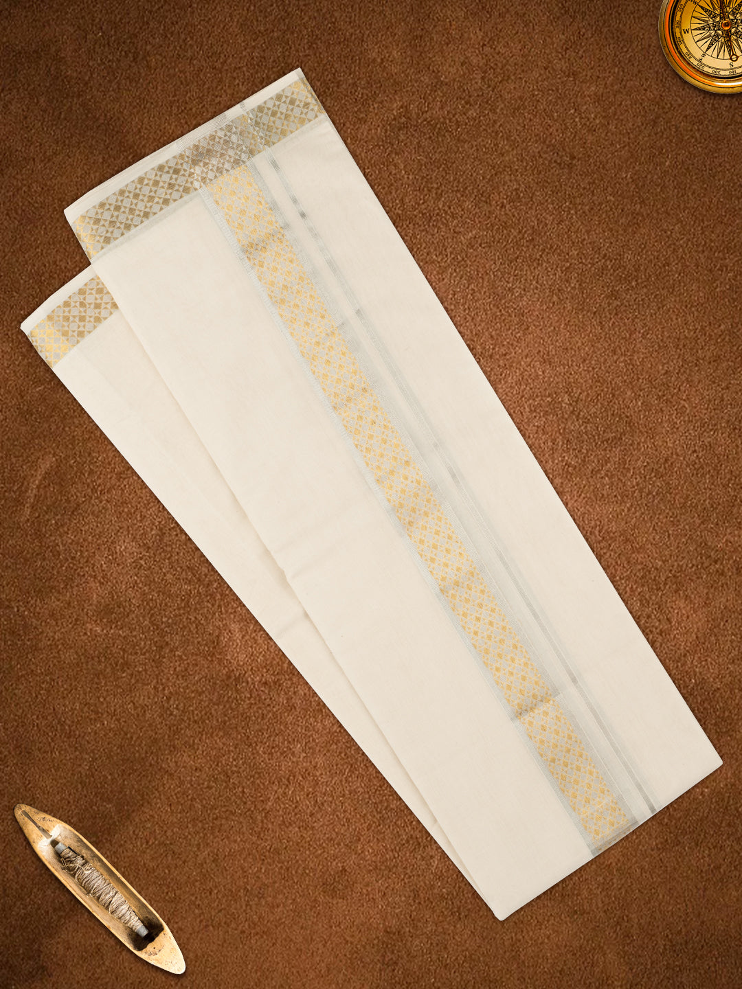 Mens Premium Handloom Silver with Gold Jari Fancy Border Cream Dhoti -110512
