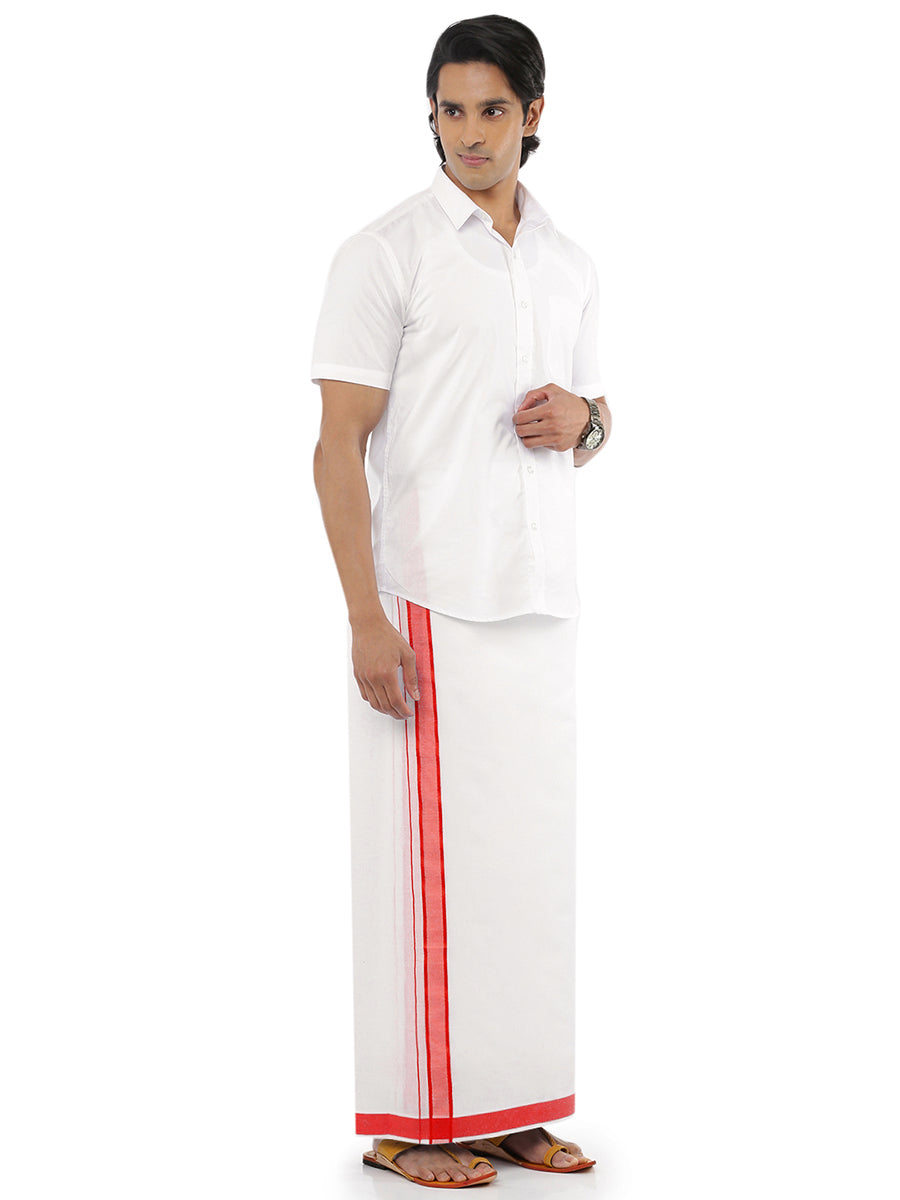 Mens 100% Cotton Double Dhoti White with Red Border Ozone Plain-Full view