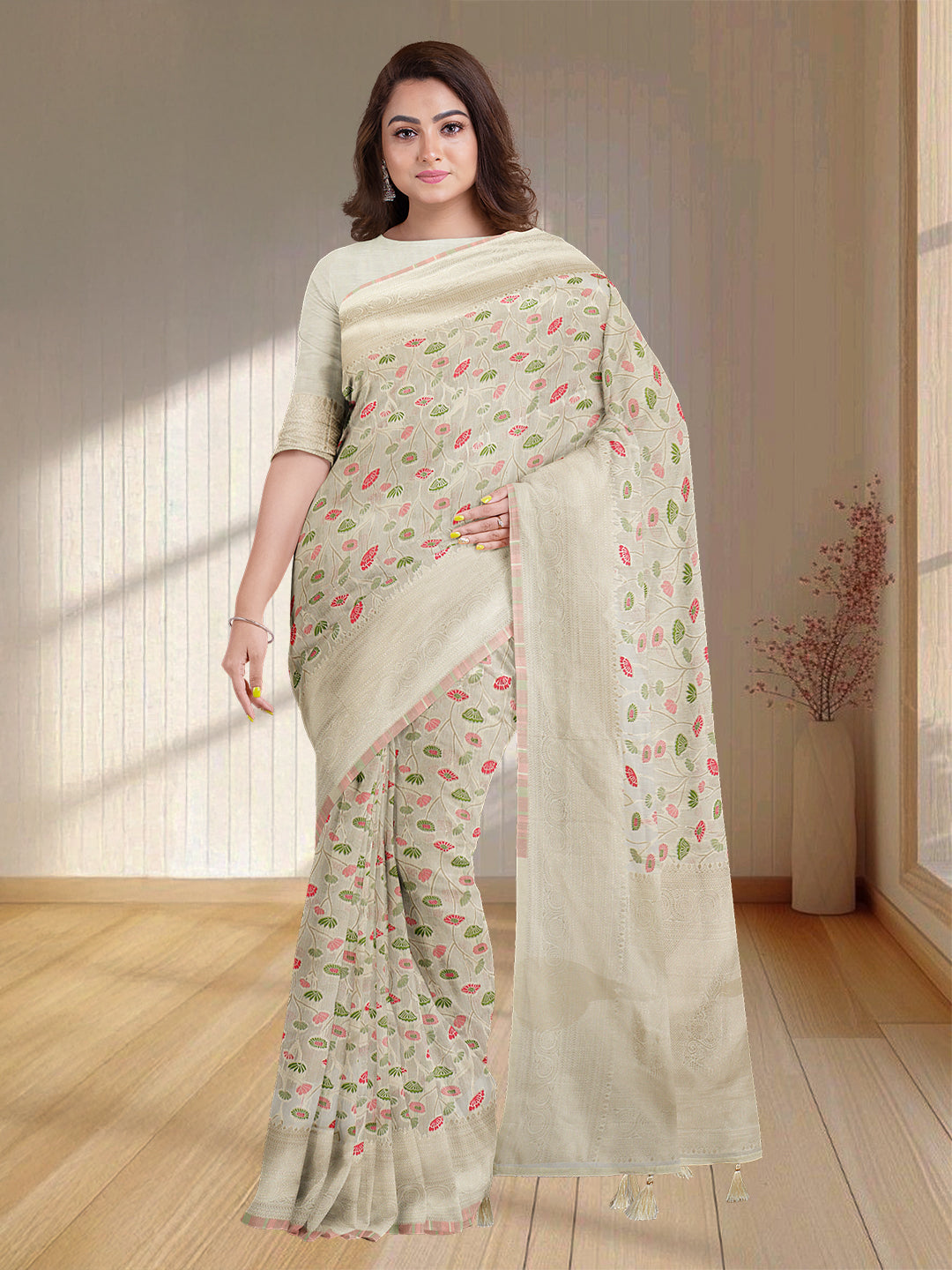 Women Cream Art Silk Embroidered Saree ASS33