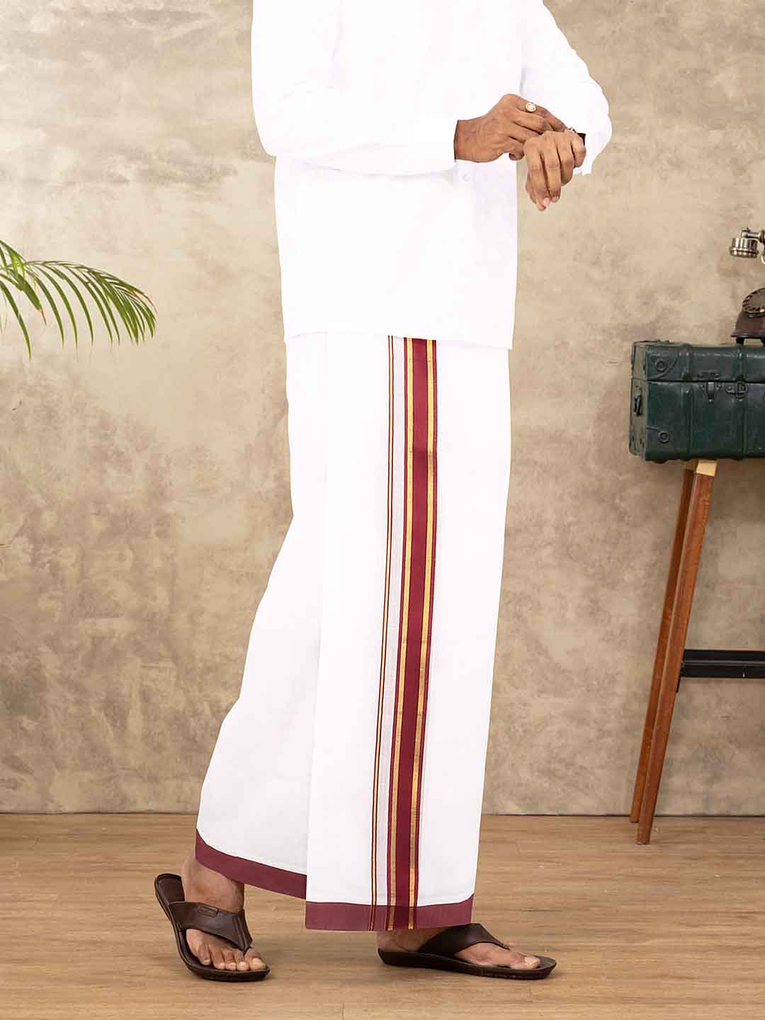 Men Cotton Blend Double Layer White Dhoti with Fancy Jari Border TGJF03