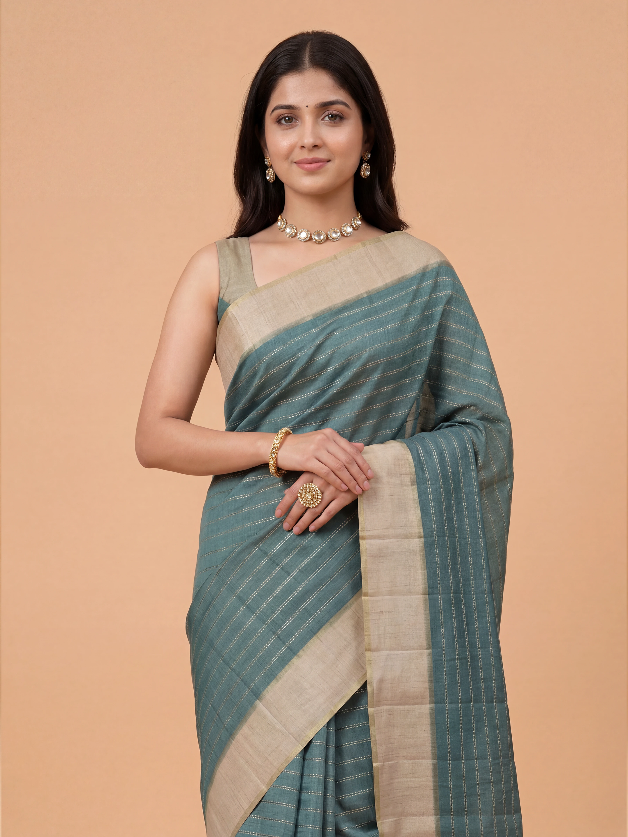 Women Semi Tussar Teal Green Saree ST333