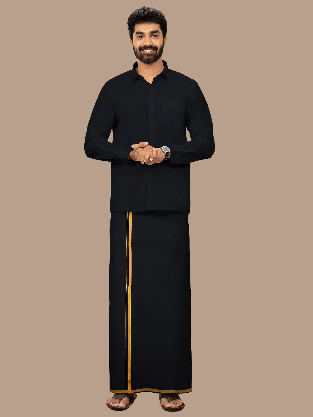 Men Cotton Blend Single Layer Black Dhoti & Towel Set with Yellow Border Poojan