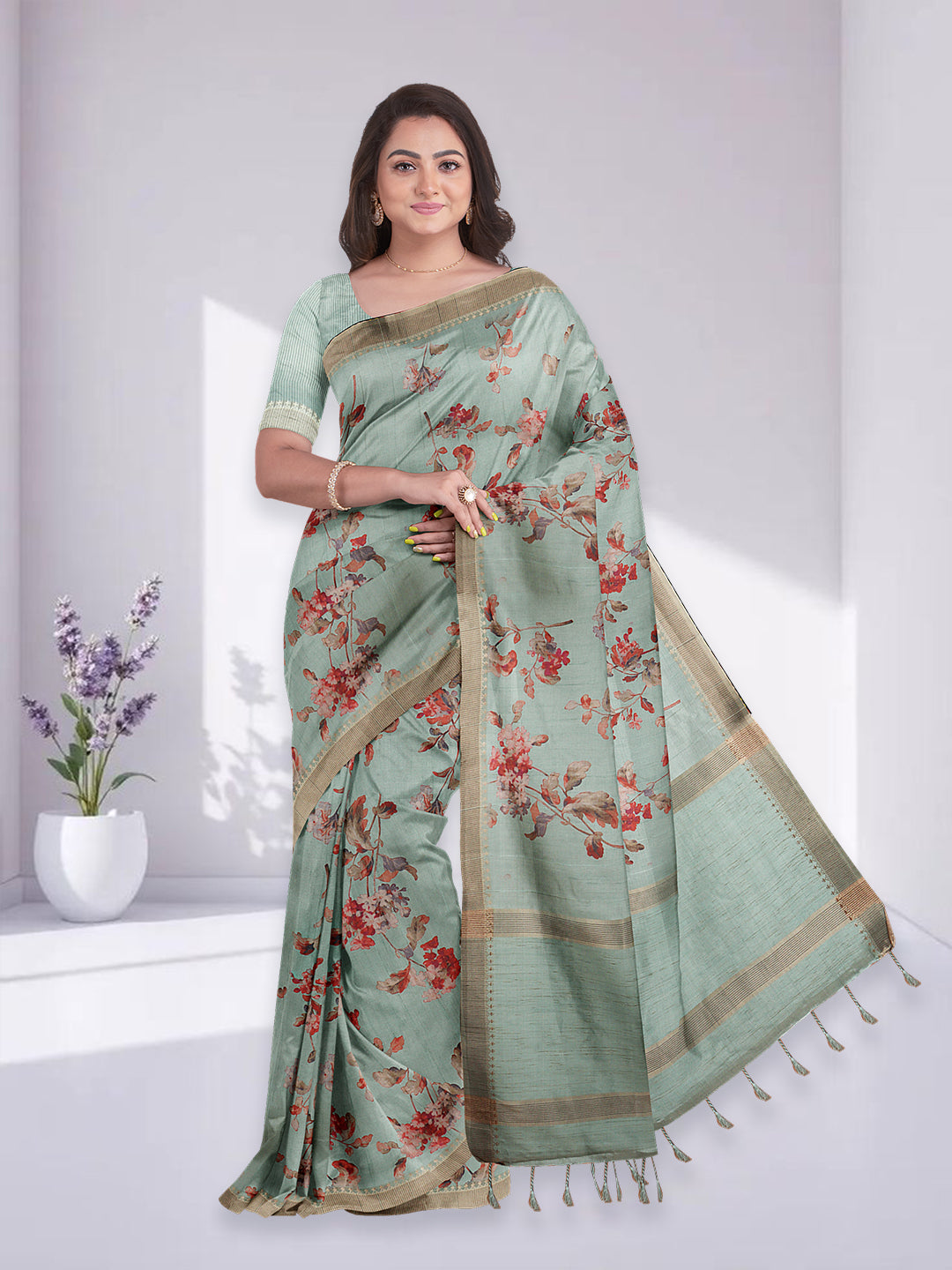 Women Green Semi Raw Silk Printed Saree SRS104
