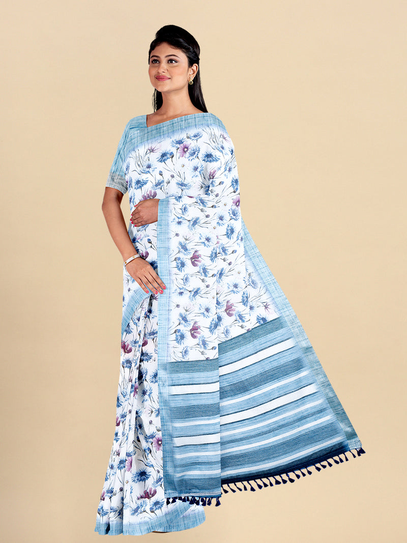 Womens Semi Cotton Blue & Silver Colour Printed Saree CPS28