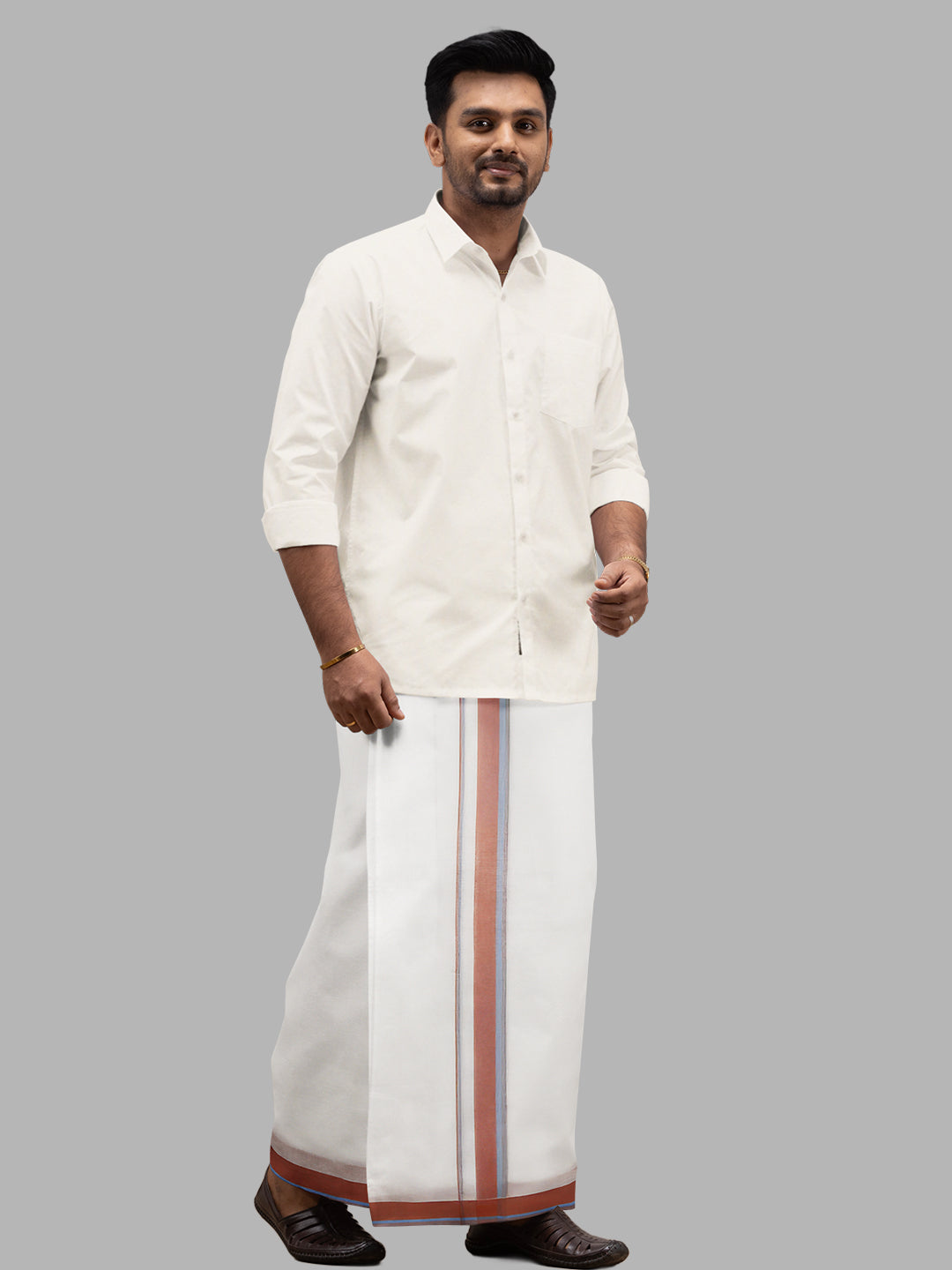 Men Brown Fancy Border Double Layer White Dhoti RVS02