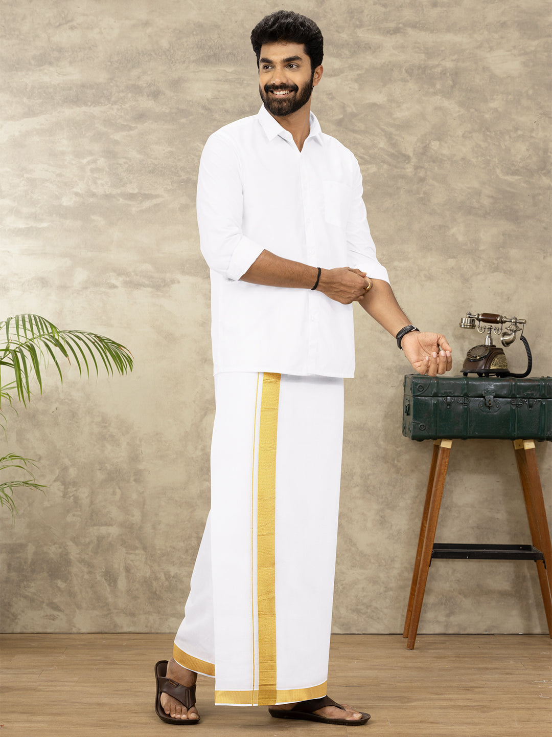 Men Cotton Blend Readymade Double Layer White Dhoti with 1 1/2" Gold Jari Border Vetha