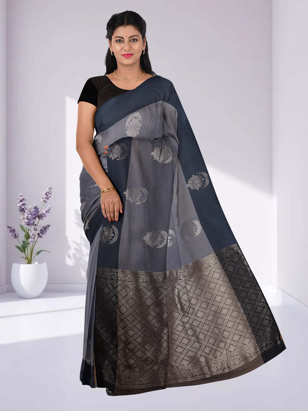 Women Bluish Grey Kotta Cotton Saree PCS186