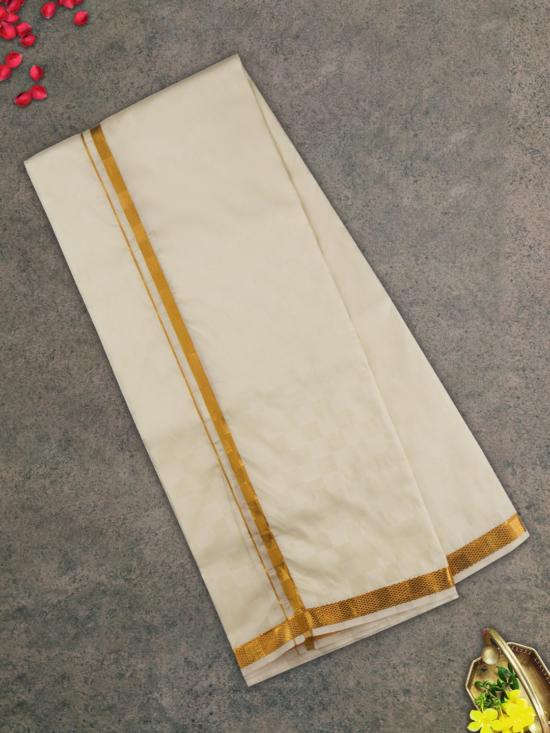 Men Gold Border Double Dhoti & Towel Set Ishwaryam Embose