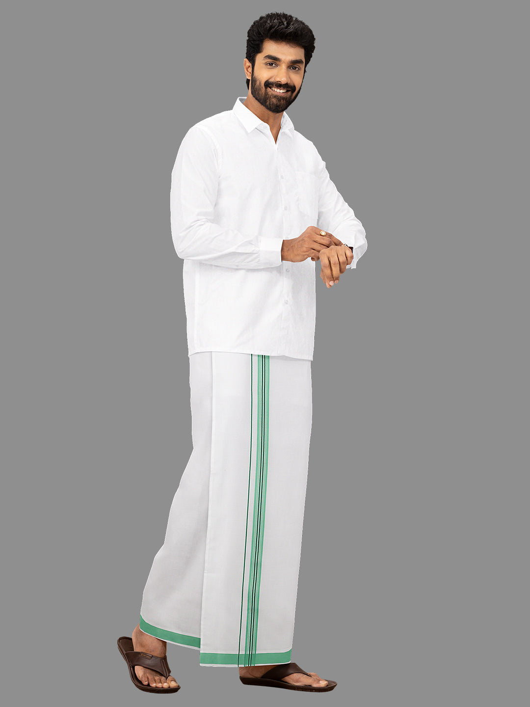 Men White with Green Fancy Border Single Layer Dhoti Winner