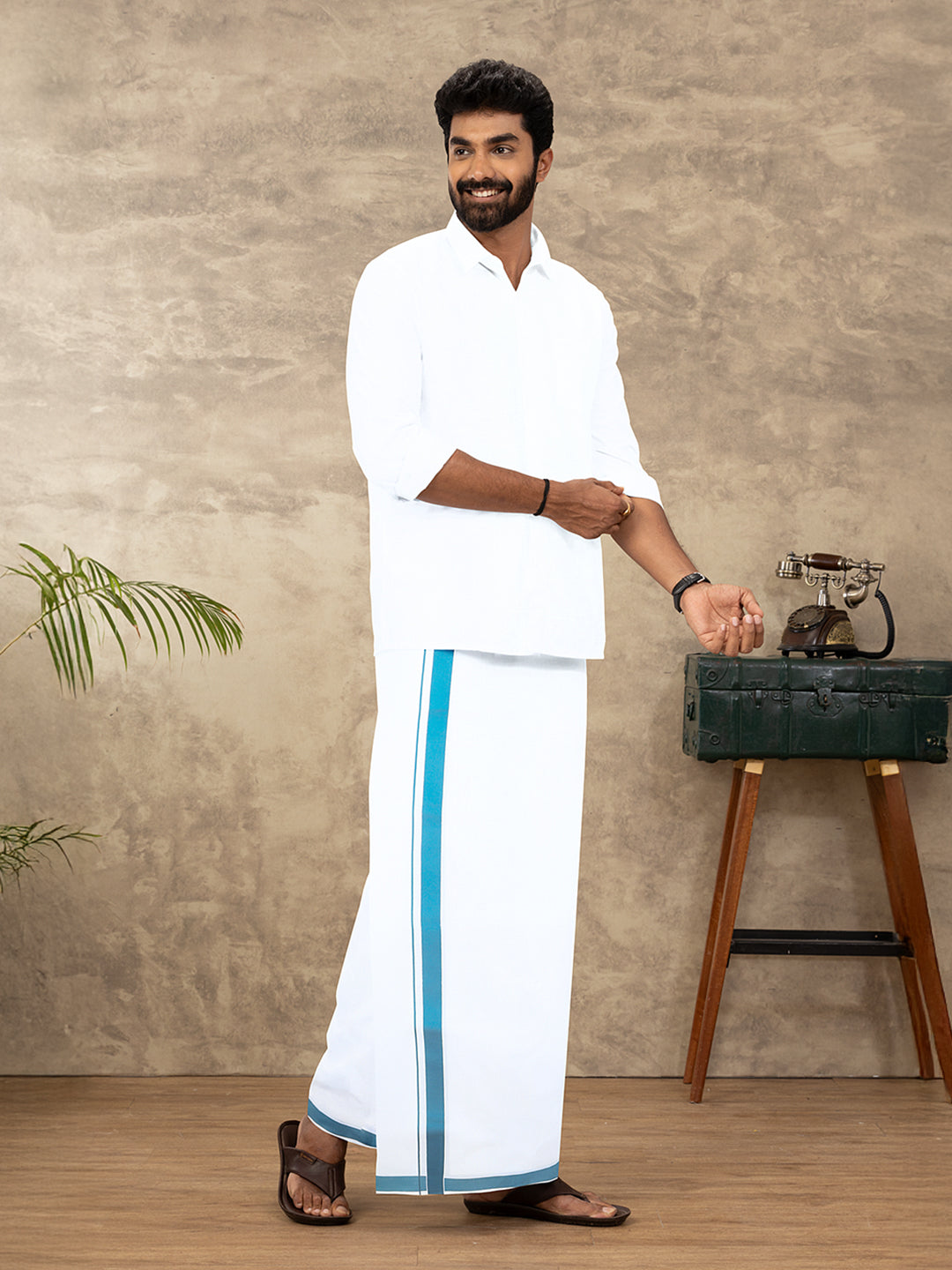 Men Cotton Blend Single Layer White Dhoti with Fancy Border PB10