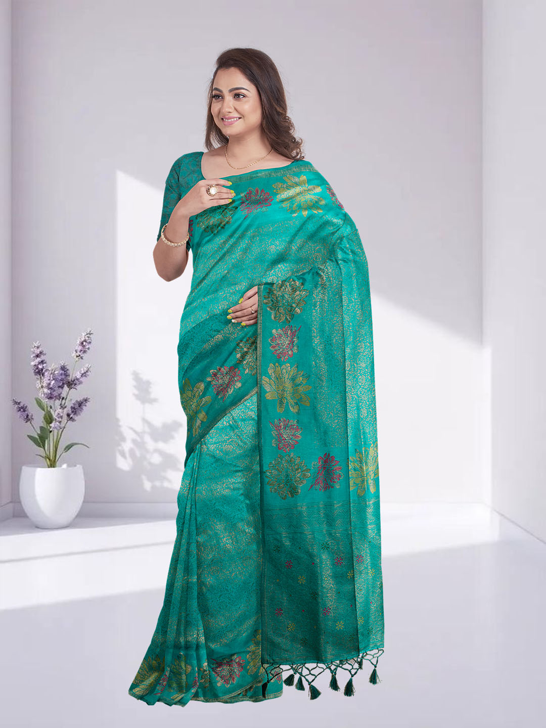 Women Peacock Green Semi Mysore Silk Saree SS370