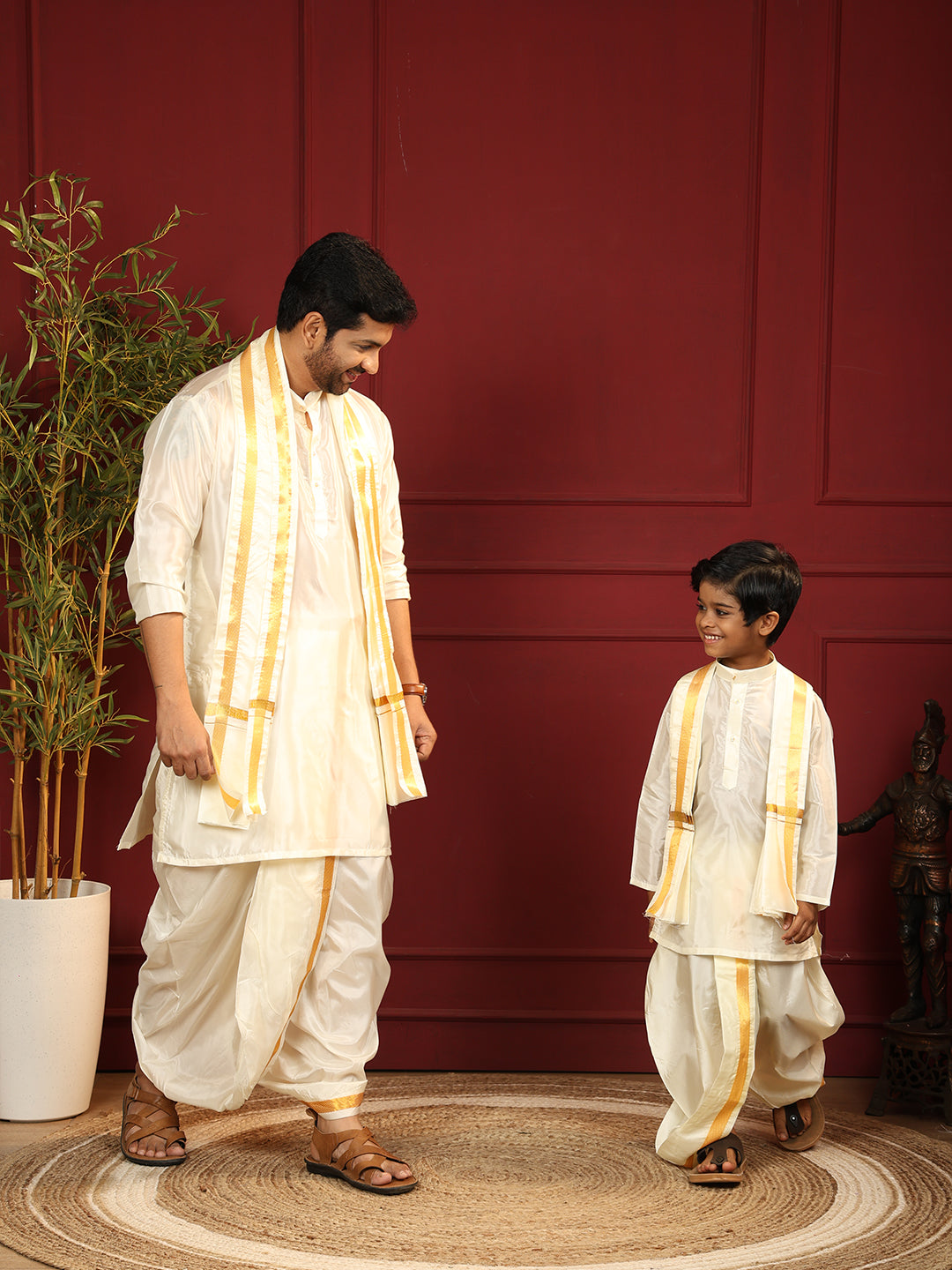 Like Father Like Son Cream Kurta Panchakacham & Towel Set
