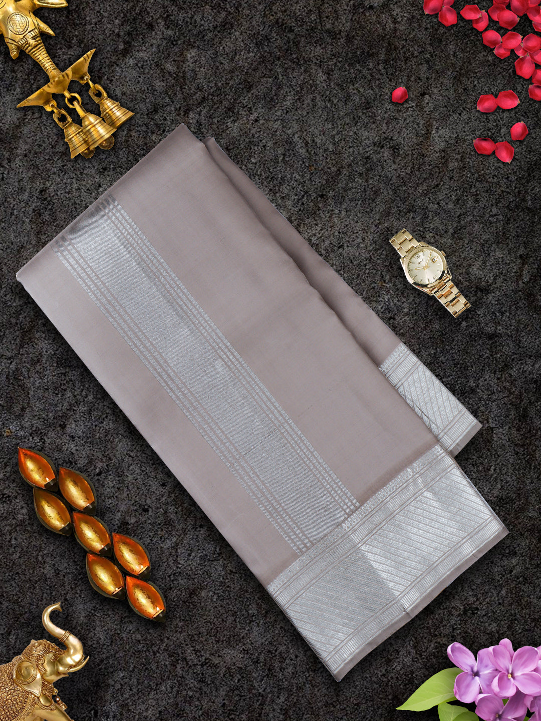 Mens Pure Silk Grey 4 1/2" Fawn Silver Jari Border Dhoti With Towel Amirtham-View two