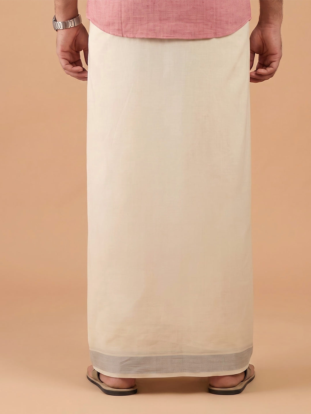 Double Layer Giza Cotton Cream Kora Dhoti with Colour Jari Border - LC41